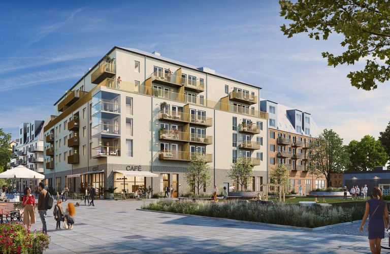 Visualisering av Kvarter Segerdal med bostäder, butik i bottenplan och torg med människor i förgrunden.